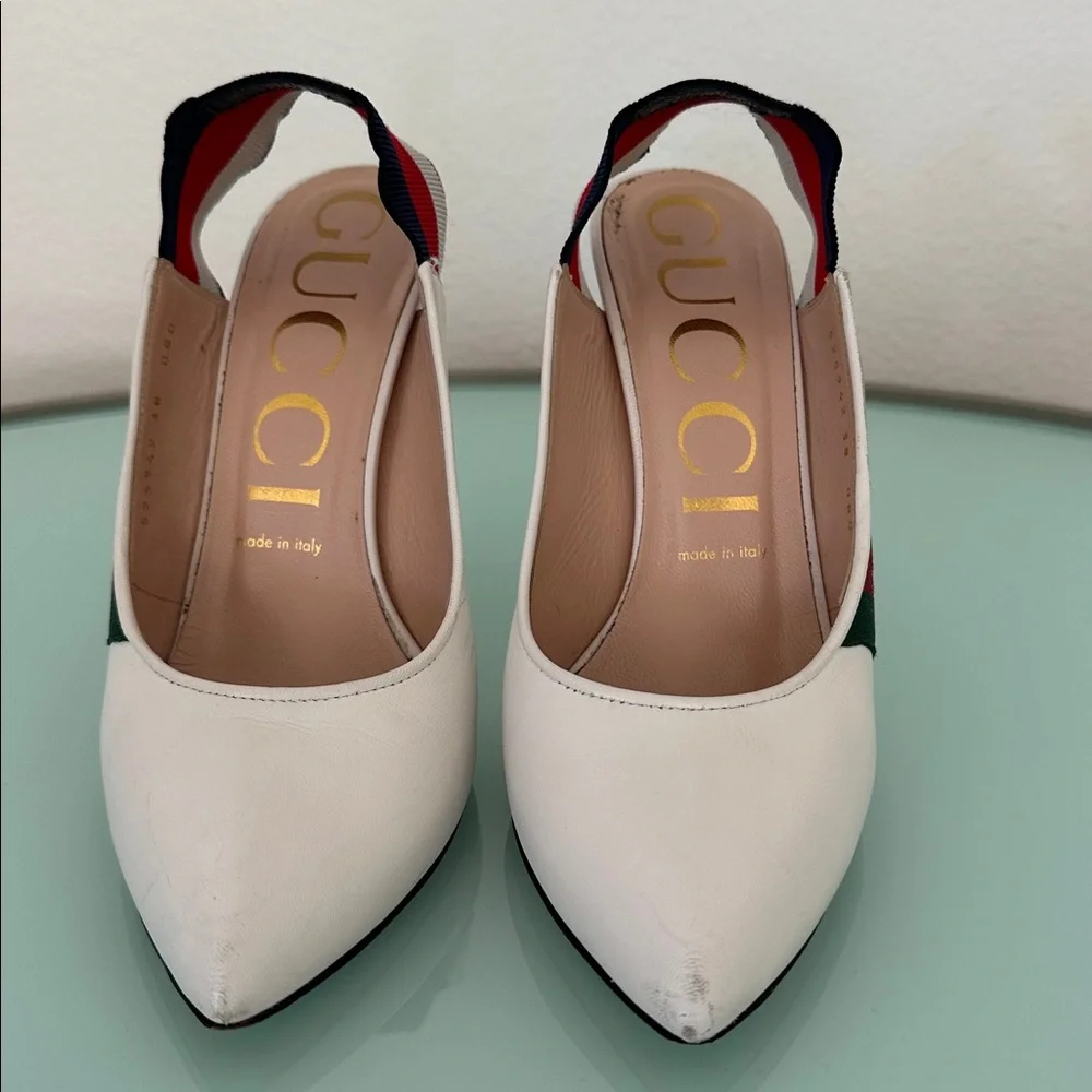 Gucci White Leather Sylvia Elastic Slingback Heels  Box & Two Dust Bags